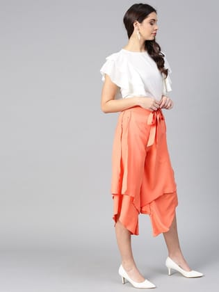 Women Blue & White Solid Ruffled Top with Culottes