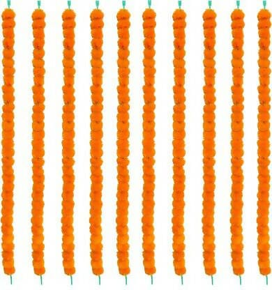 iHandikart Handmade Decorative Marigold Artificial Fluffy Garland with Bell in the Bottom, Size 60x2.5 inches Used for Home/Office Decoration, Light Orange Colour (Pack of 10) Orange Marigold Art