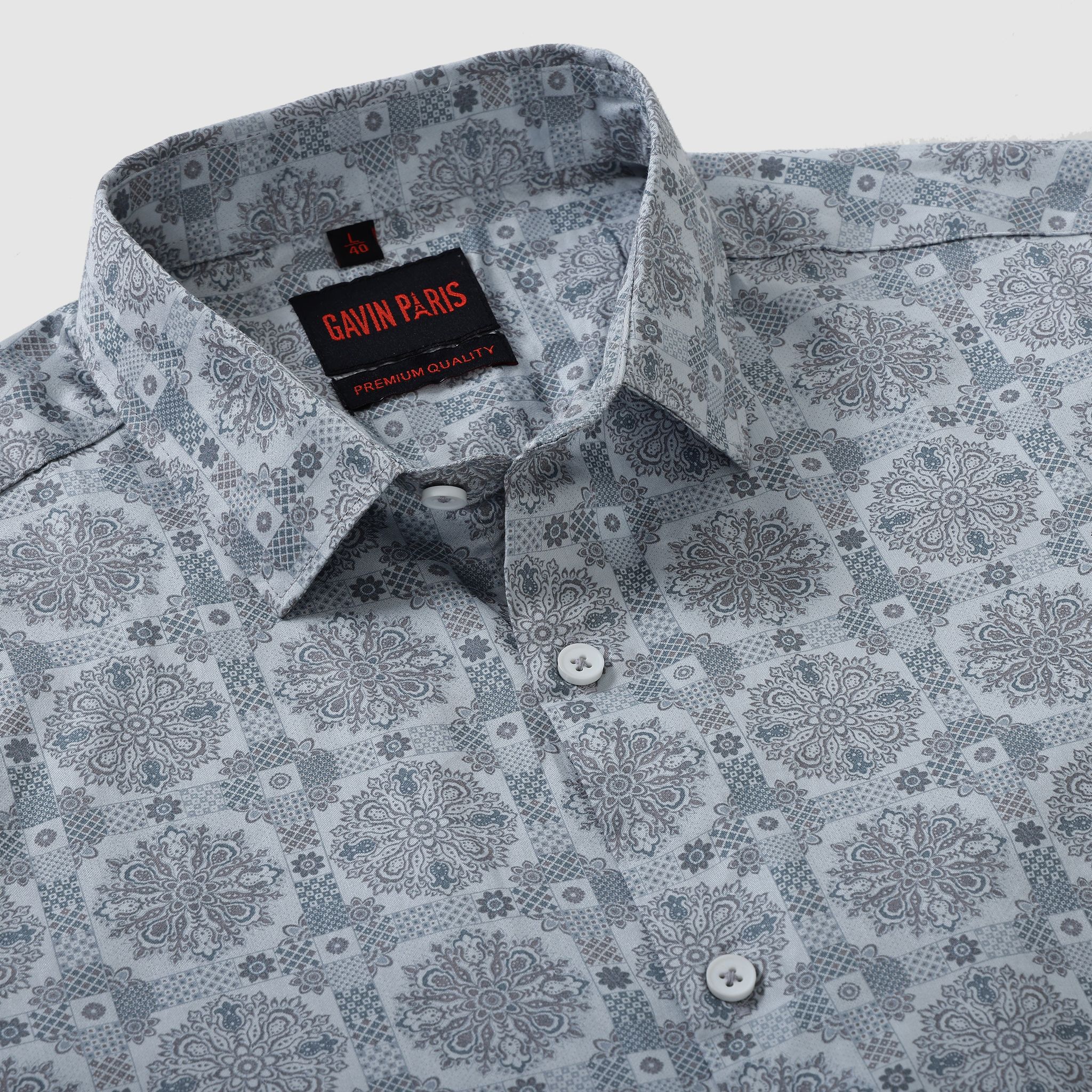Gray Floral Medallion Print Men's Slim Fit Full Sleeve Shirt (GP296)-M-38 / Full Sleeve