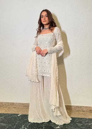 3 Piece Ivory Sharara Set-White / XS / XS