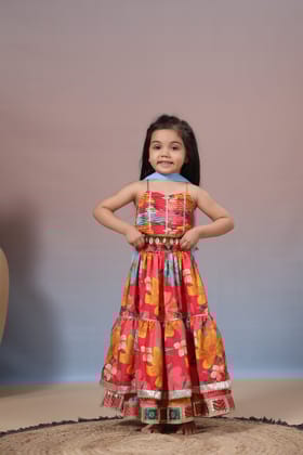 Sleeveless Pintucks Multicolour Top and Layered Lehenga with Net Blue Dupatta-0-6 months