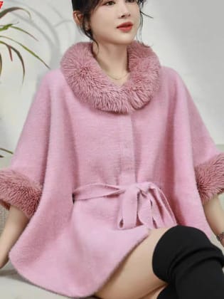 Woolen Fur Cape Jacket With Belt-Pink / One size