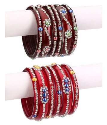 AFAST  Combo Party & Festivle Designer Ornamented With Colorful Beads And Figures Fancy Matching Glass Bangles & Kada Set Of Six Each With Safety Box - None