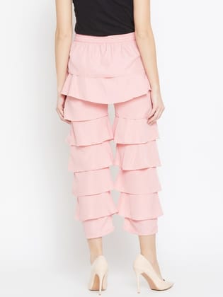 Women Pink Loose Fit Solid Tiered Culottes
