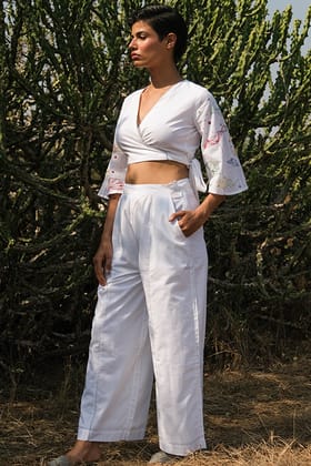 Okhai 'White Sky' Hand Embroidered Cotton Pants-XXS