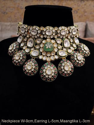 Royal green meenakari work tear drop shaped hanging tukdies in broad kundan choker set-Green and ruby stone green meenakari