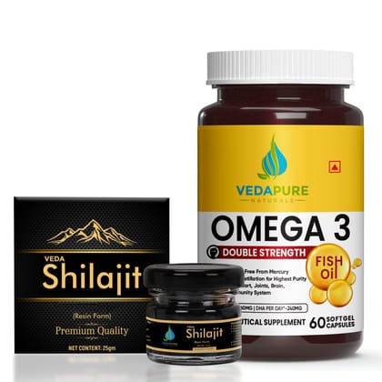 Strength Set Combo - Shilajit/Shilajeet Resin for Men & Women Supports General Weakness - Double Strength Omega 3 Fish Oil 1000mg for Heart, Brain & Muscle function