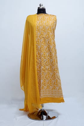 Mustard Yellow Color Kashmiri Sozni Work Woolen Unstitched Suit Fabric With Matching Dupatta