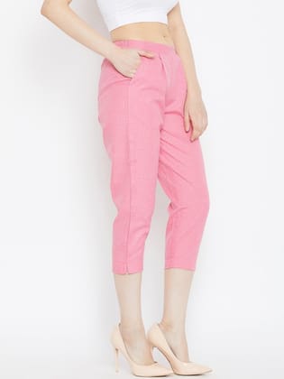 Women Pink Textured Cigarette Trousers