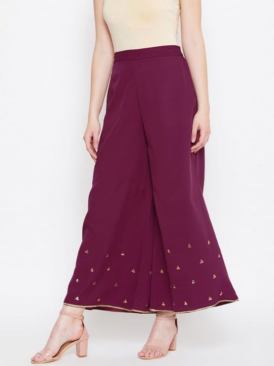 Women Burgundy & Gold-Toned Floral Embellished Palazzos