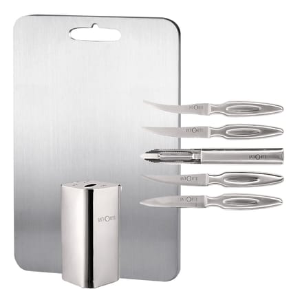 LA' FORTE Premium Combo - 5-Piece Metal Knife Set with Metal Block & Stainless Steel Chopping Board (31 cm x 20.5 cm)-Chopping Board with Knife