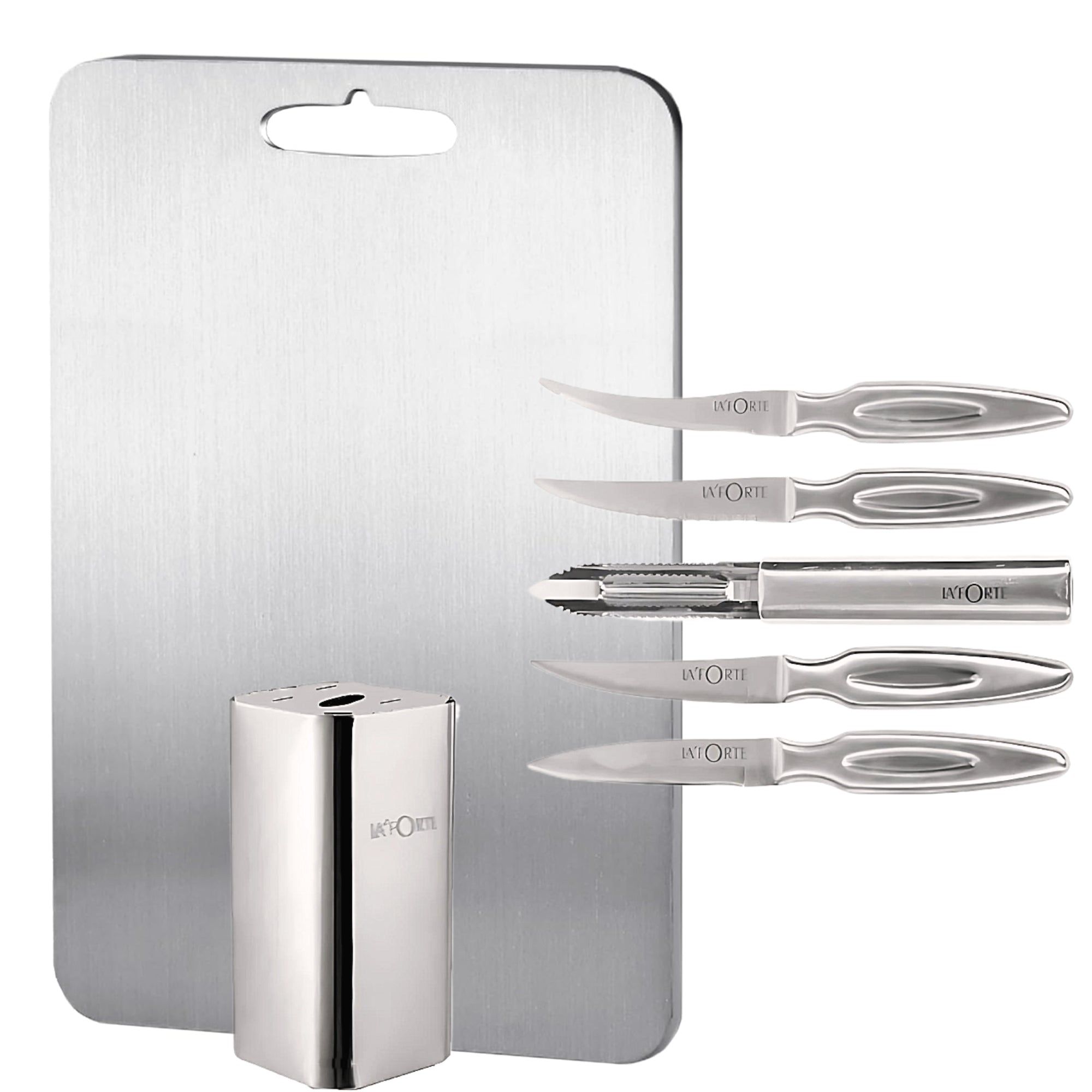 LA' FORTE Premium Combo - 5-Piece Metal Knife Set with Metal Block & Stainless Steel Chopping Board (31 cm x 20.5 cm)-Chopping Board with Knife
