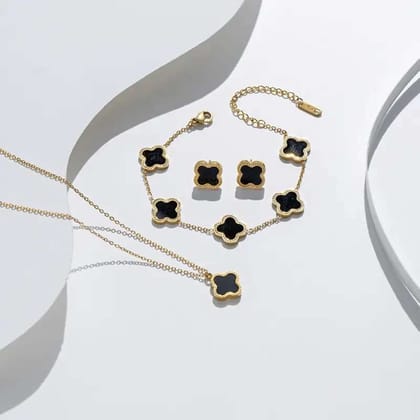 Clover Set-Stainless Steel / Black / 3 (Studs/Bracelet/Neckpiece)