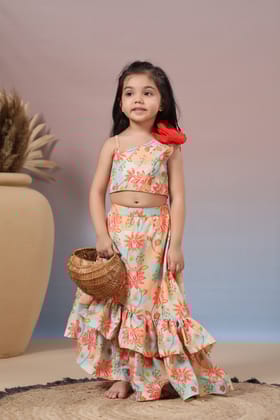Floral Multicolour One Shoulder Top and High Low Stylish Lehenga-0-6 months