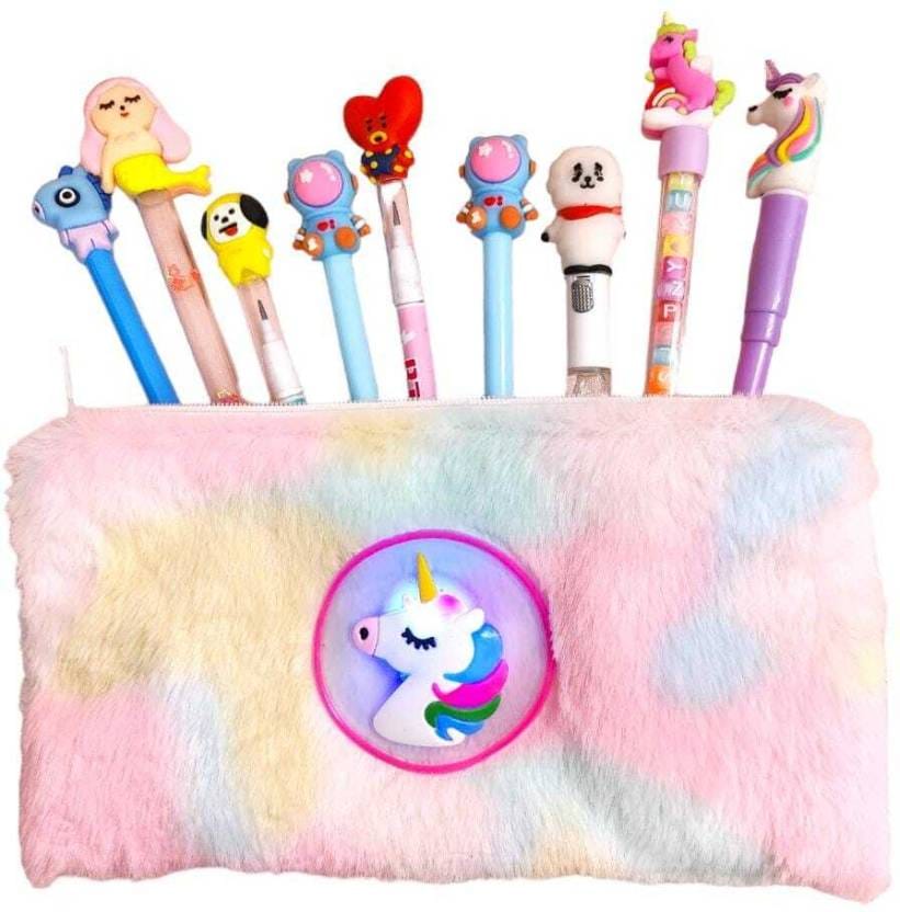 Unicorn LED Light Fur Pouch for Stationery Unicorn Pencil Pouch Pencil Case Stationery Unicorn Pencil Pouch, Birthday Return Gift for Kids Spot hunt Pencil Box  (Set of 1, Pink)
