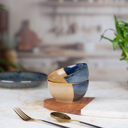 Ceramic Dessert Bowls Set of 2 | Premium Serving Dishes | Blue Brown | H-2" D-4"