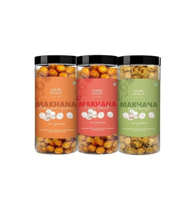 Vishnu Delight Organic Makhana Combo Pack - 3 of 90g Each flavor - Mint Masti, Fiery Peri Peri, Tangy Tomato - Crunchy, Deliciously, and Full of Flavorful Indian Spices Snacks