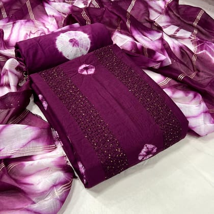 Viscose Cotton Croset work Shibori Bandhani Dress Material (Unstitched)-Magenta