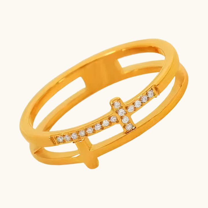 Double Cross Diamond Ring - 18K Gold Plated-6