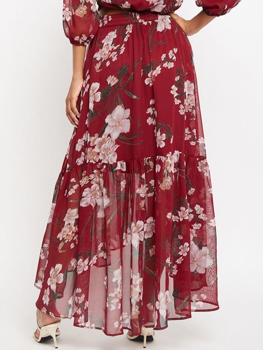 Floral Printed Tie-Up Maxi Flared Skirt