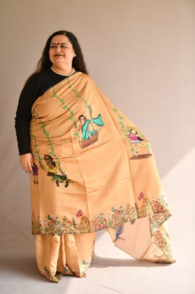Peach Chanderi Silk Floral Art Printed Designer Saree