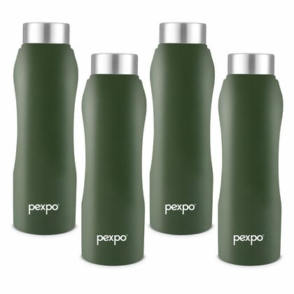 PEXPO Stainless Steel Fridge Water Bottle, 1000 ml, Pack Of 4, Military Green, Bistro | Leak-Proof & Easy to Grip Water Bottle