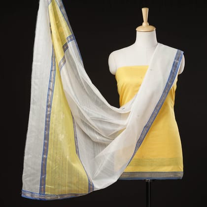 Yellow - 3pc Chanderi Silk Handloom Zari Buti Suit Material Set with Nakshi Zari Border