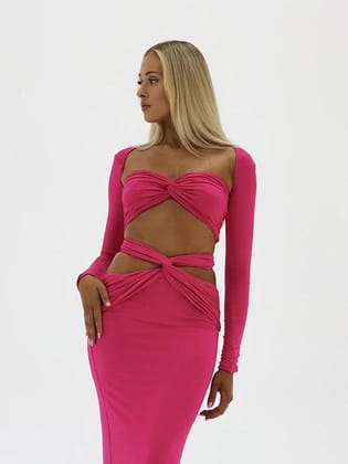 Bandeau Tube Top & Skirt Coord Set-S / PINK
