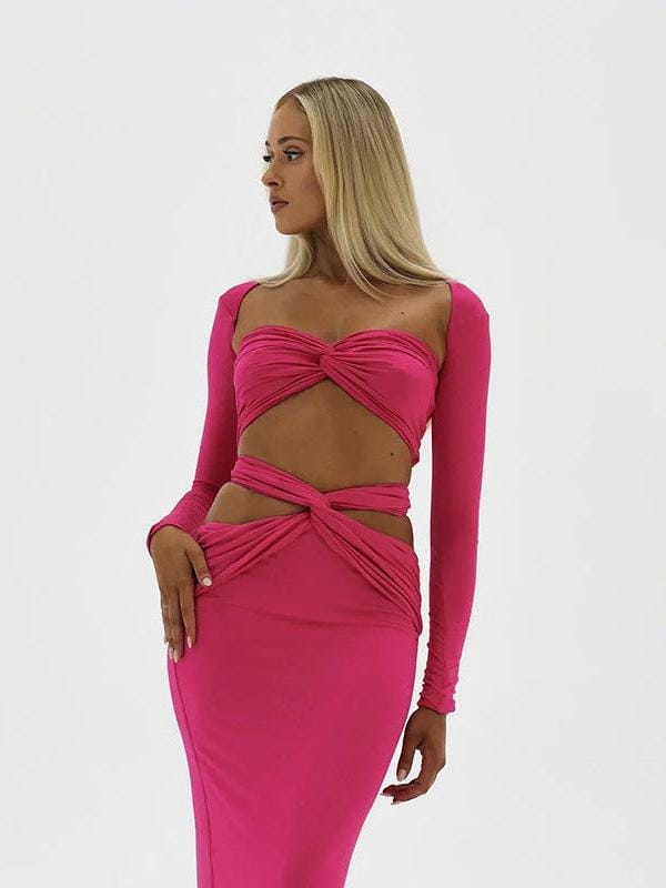 Bandeau Tube Top & Skirt Coord Set-S / PINK