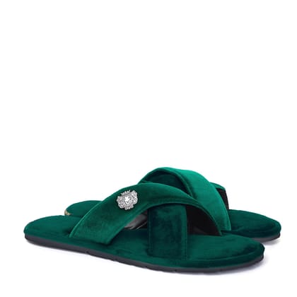 Green Cross Straps Comfy Velvet Slide-in Slippers By Brune & Bareskin-40/6