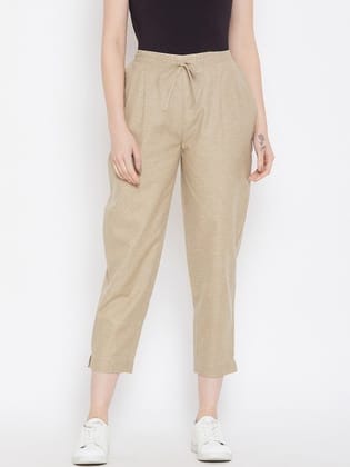 Women Beige Relaxed Regular Fit Solid Peg Trousers