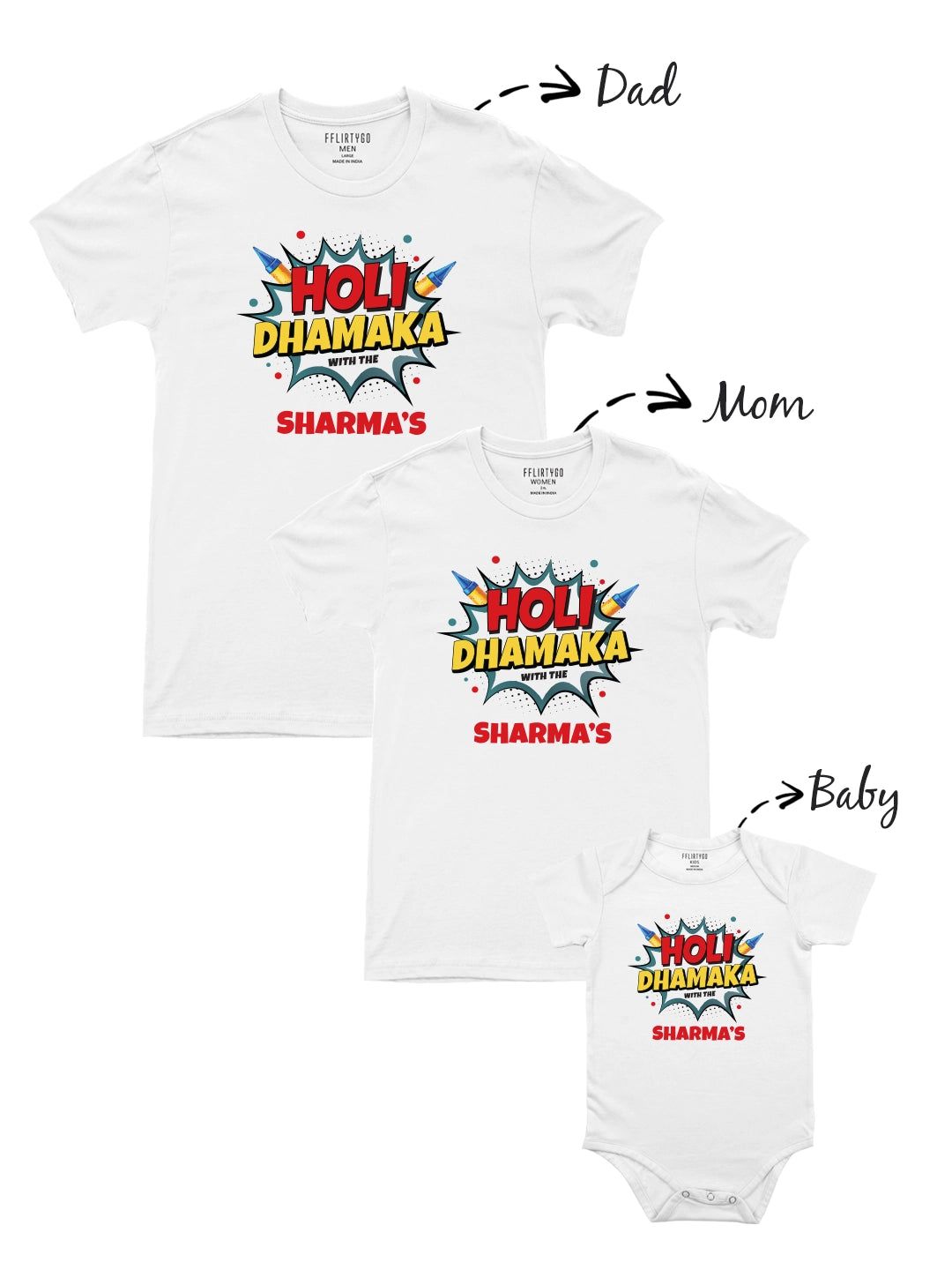 Holi Dhamaka w/ Custom Surname-White / Baby Romper (0-18 Month) / 0-3 Month