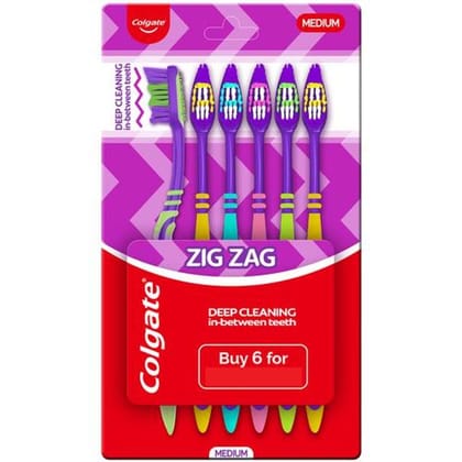 Colgate ZigZag Antibacterial Medium Bristle Toothbrush - 6 Pcs