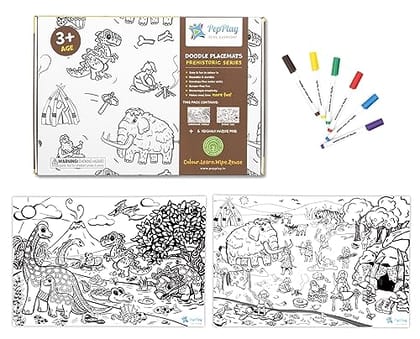         PepPlay Prehistoric Series Mat Doodle Sheets, with 6 Smudge Free, Washable & Quick Dry Marker Pens, Reusable Coloring Activity, Drawing, Birthday Gift for Kids       