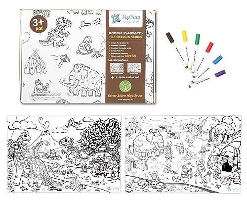         PepPlay Prehistoric Series Mat Doodle Sheets, with 6 Smudge Free, Washable & Quick Dry Marker Pens, Reusable Coloring Activity, Drawing, Birthday Gift for Kids       
