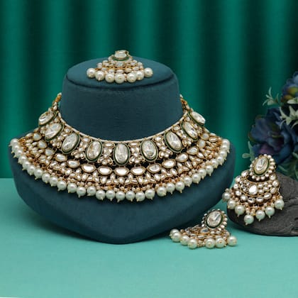 White Color Kundan Necklace Set (KN1424WHT)-Adjustable Rope / White / Alloy With Good Quality Gold Plated