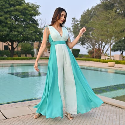 Aqua Marine Colorblock Jumpsuit-XS