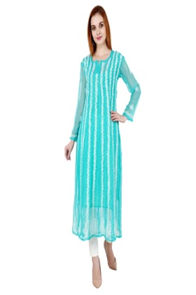 The Chikankari Story Women's Cyan Georgette Anarkali Kurta with Lakhnavi Chikan Aari Embroidery - Traditional Bollywood-Inspired Design-S