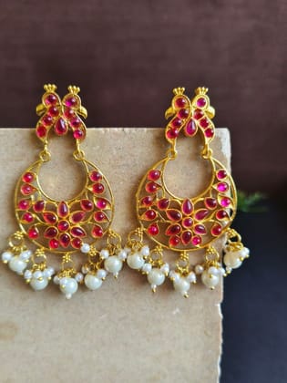 Gold Plated Premium Quality Stones & Pearl Earrings for Traditional Wear | Sarichka-Magenta
