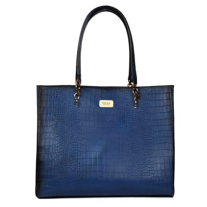 Large Deep Cut Textured Blue Leather Handbag-Large