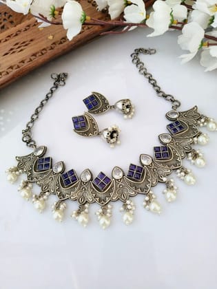 Silver Replica Pearl & Ghungroo Necklace Set with Jhumkas - Navratri Special | Sarichka-Blue+White AD