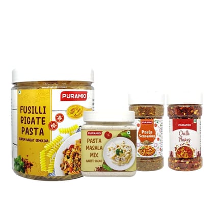 Puramio Pasta Combo Pack Fusilli - Durrum Wheat Semolina Pasta, 480 gm, Pasta Masala Mix - White Sauce, 250 gm, Pasta Seasoning, 100 gm & Chilli Flakes, 70 gm