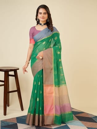 Ethnic Motifs Woven Design Zari Chanderi Saree