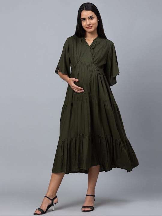 Olive Green Maternity Empire Midi Dress