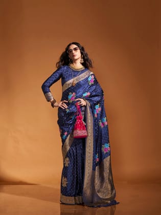 Blue Pure Satin Floral Designed Weaving Silk Saree
