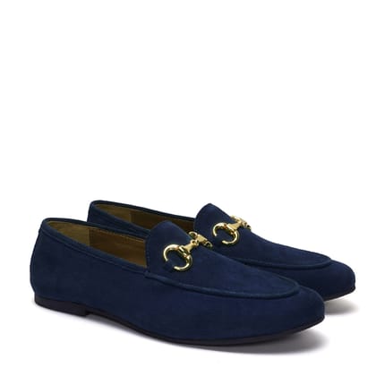 Navy Blue Suede Leather Slip-On Shoes For Women with Horse-Bit Buckle-36/3