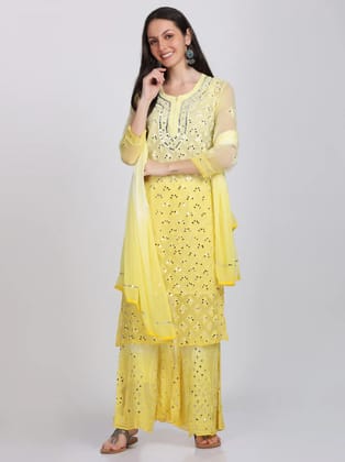 Yellow Booti Jaal Mirror Chikankari Handmade Kurti Set-36-XS