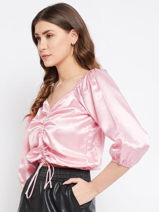 Turquoise Blue Solid Off-Shoulder Satin Bardot Crop Top