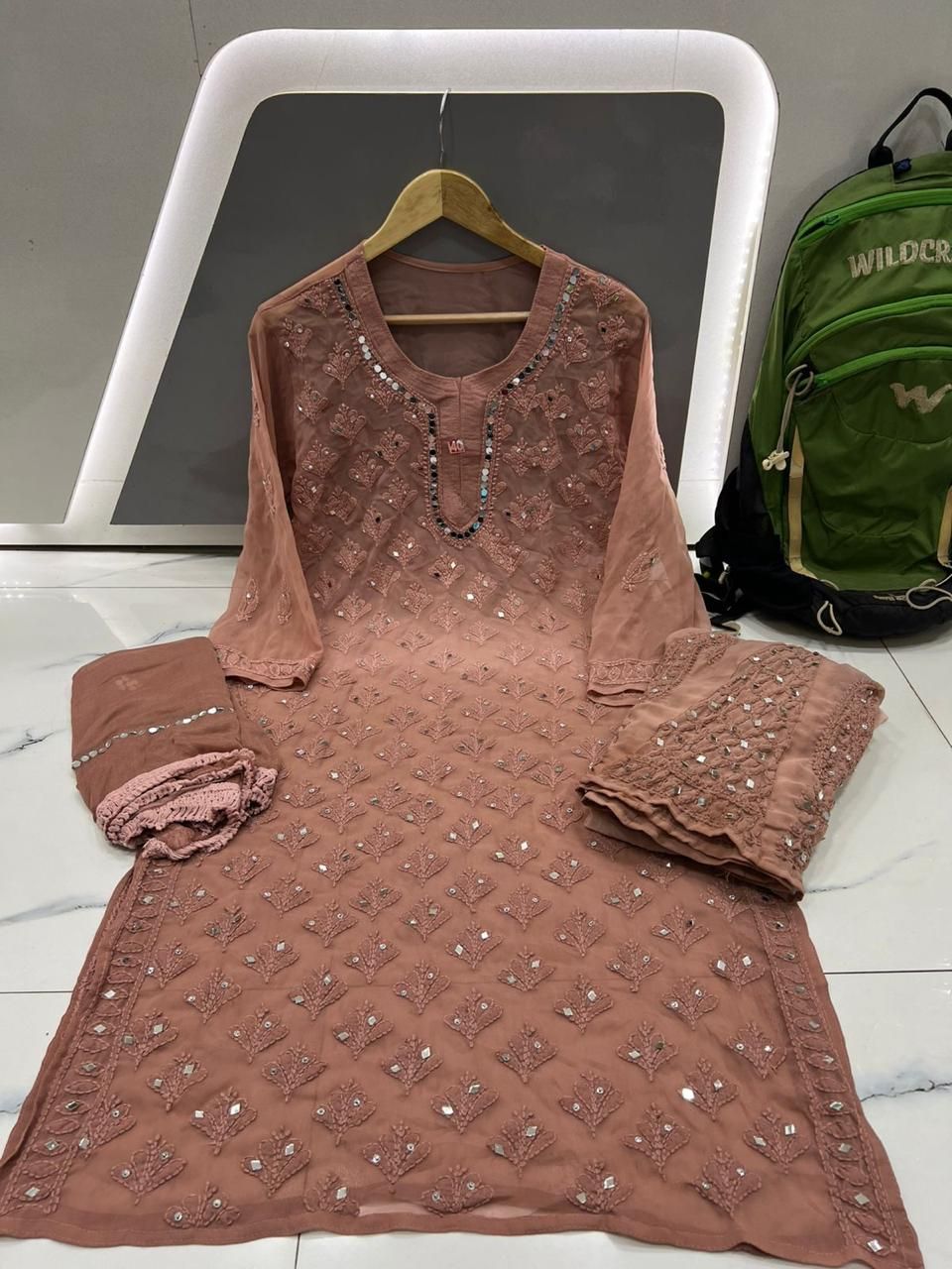 Embroidered Chiffon Kurti Set in Dusty Rose with Mirror Accents-36 / Dusty Rose