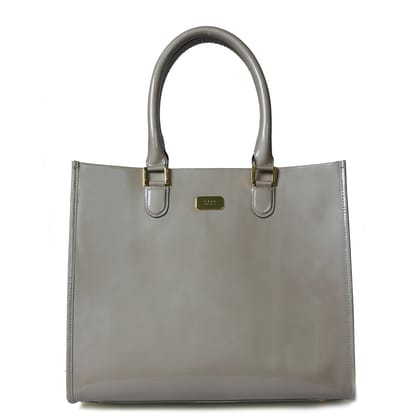 Large Beige Hand Bag In Square Shape with Patent Leather-LARGE